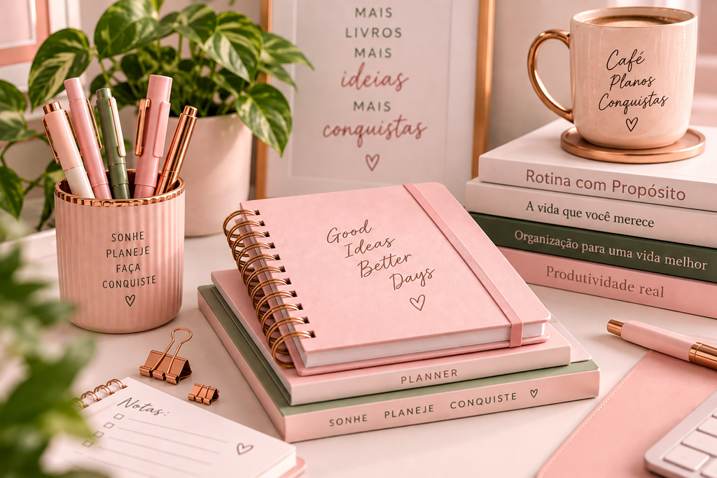 Papelaria e livraria PinkDesk com planners, livros e itens de organização